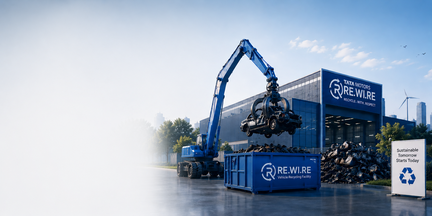 Driving Sustainability. Rebuilding Tomorrow. India's premier vehicle
recycling initiative by Tata Motors — a RE.WI.RE facility lifting an
end-of-life car into a recycling container.