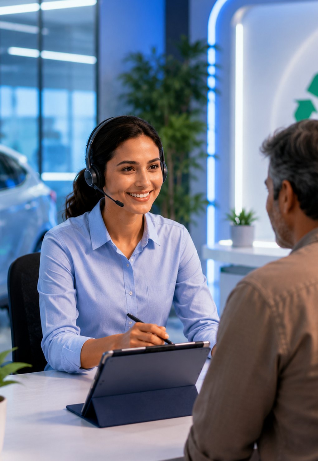 A Re.Wi.Re support specialist on a headset assisting a customer