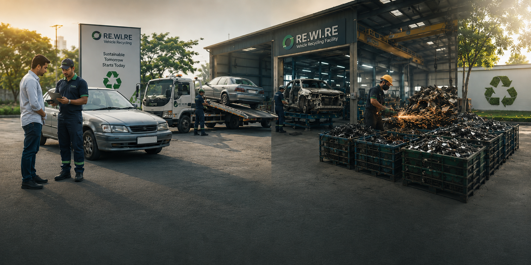RE.WI.RE technicians assessing vehicles at a registered scrapping facility
