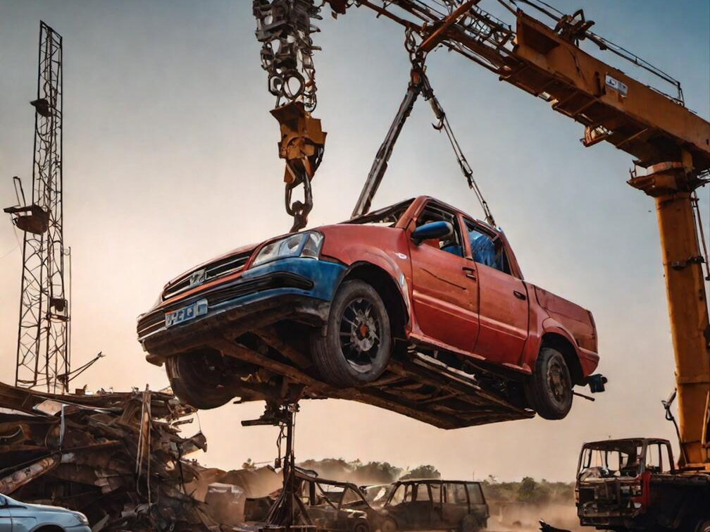 A crane lifting an end-of-life vehicle above a scrapyard