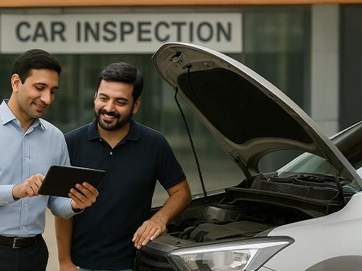 Two men reviewing a tablet beside a car with its bonnet open at an inspection bay