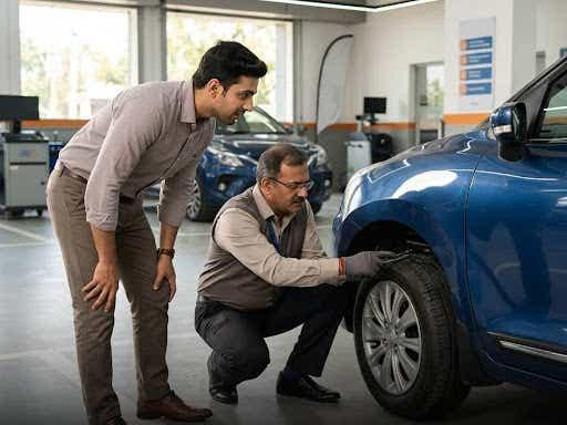 An evaluator checking a vehicle's wheel while the owner looks on